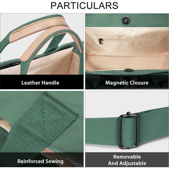 Women's Dark Green Canvas Tote Pockets Handle Crossbody Shoulder Satchel Bag - Picture 4 of 7